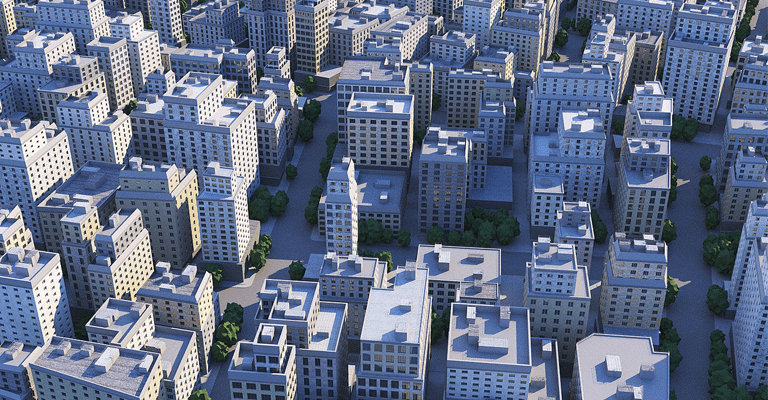 city cad model with trees, pavement and parks
