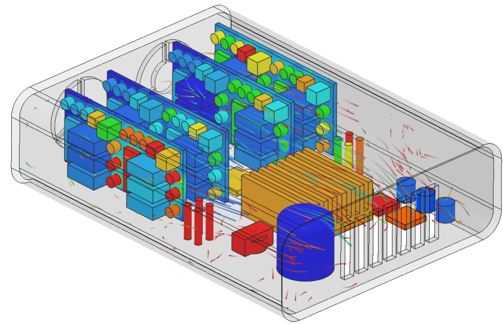 components within an electronics box thermal management simulation results 