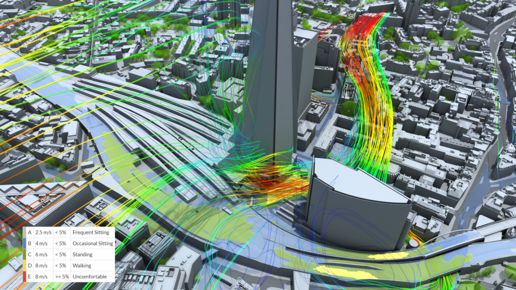 Wind velocity streamlines from southwest (SW) direction through the news building and the Shard.
