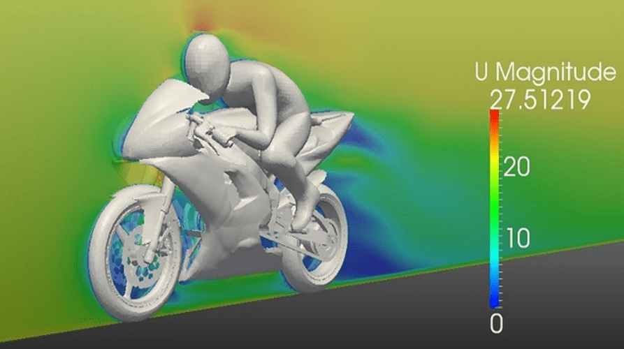 Velocity contours of airflow around a motorbike with a rider.