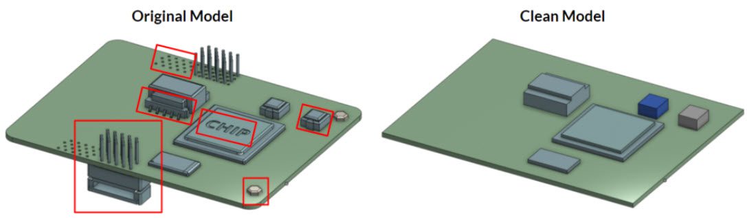 this picture shows the comparison of an original pcb cad model and a cleaned one