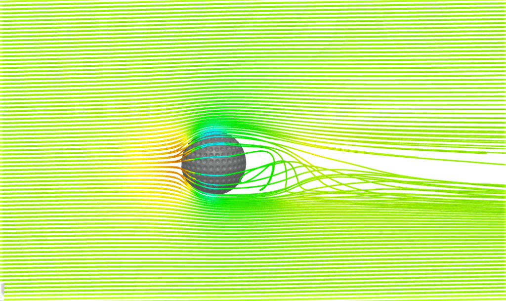 CFD simulation image in SimScale of flow streamlines around a golf ball with dimples