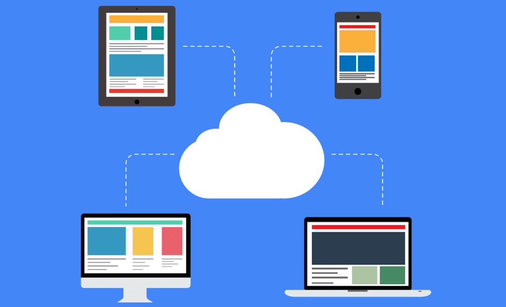 cloud migration shown through different cloud tools on different devices all accessible to the cloud
