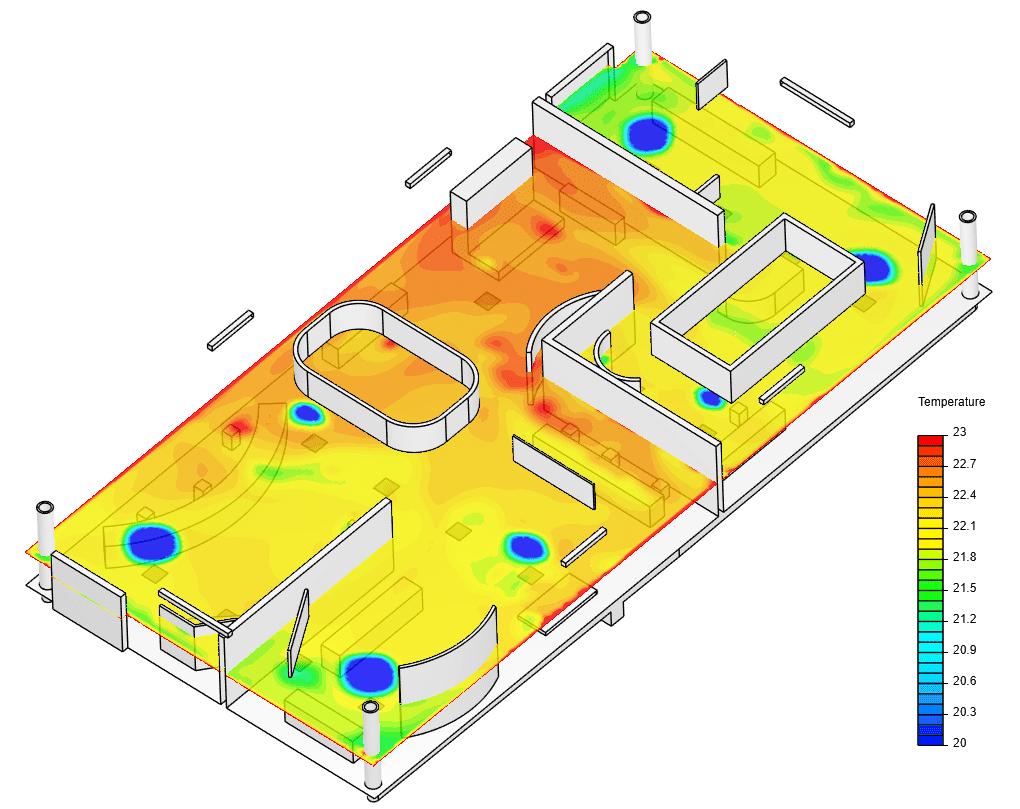 heatmap at 1.5m height across the exhibition hall shown in the simscale CAE platform