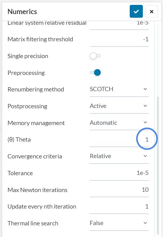 this picture shows the numerics window, where the user can adjust the theta value to switch between explicit and implicit time integration