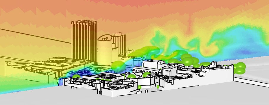cutting plane visualizing air pressure around a building