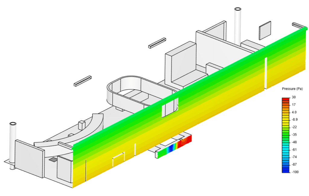 Pressure contour plane across the exhibition hall and the underfloor ducting, investigating the thermal environment