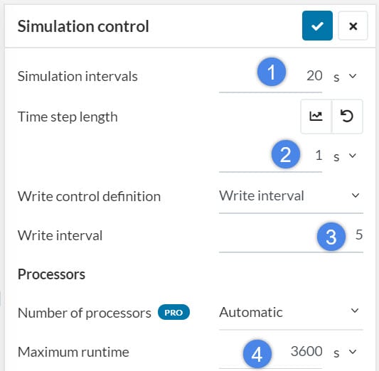this picture shows the simulation controls, where the user can define simulation time, time step length, and results saving interval
