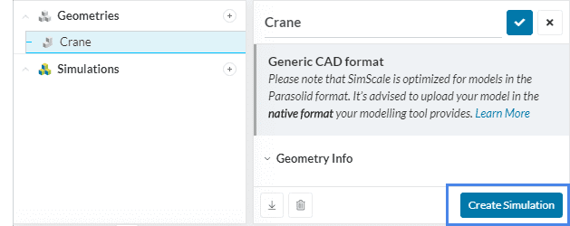 geometry dialog box and navigation tree of simscale with create simulation button in geometry dialog box and the plus sign beside simulation are highlighted to show the first step in simulation setup