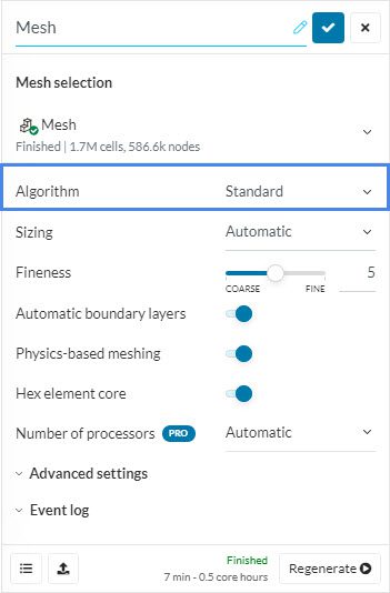 mesh settings showing how to change meshing algorithm to standard mesher to resolve the out of memory issue