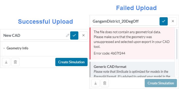an example of a successful cad upload and a failed upload with error messages