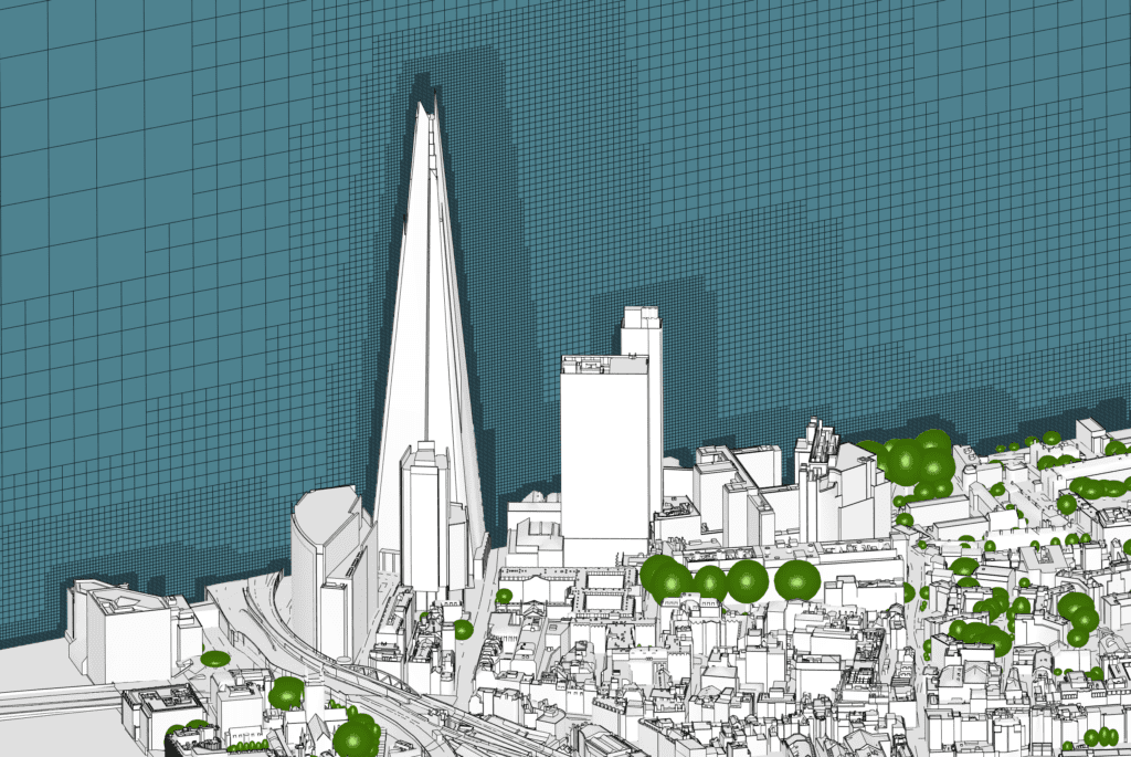 side view of lbm mesh for the shard in london city simscale platform 