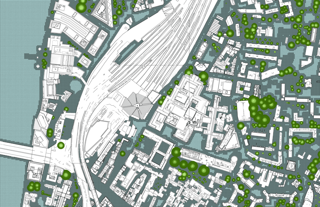 top view of the lbm mesh around the shard in london city shown via the simscale platform 