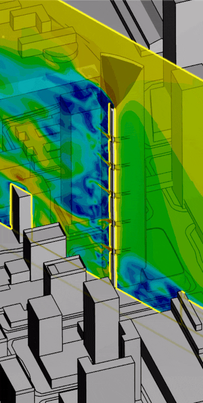 smith and gill simulation animation vertical velocity contour through the building notches