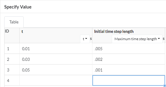 time step for impact simulation table specify value window