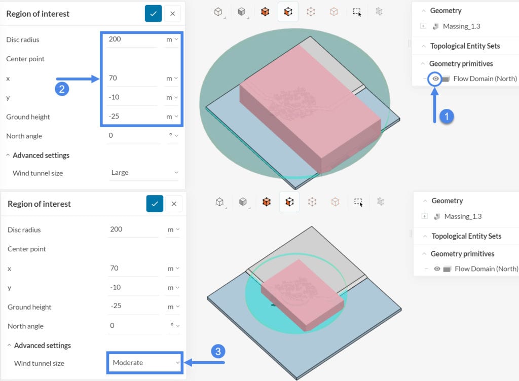 region of interest and wind tunnel sizing settings in simscale pedestrian wind comfort analysis