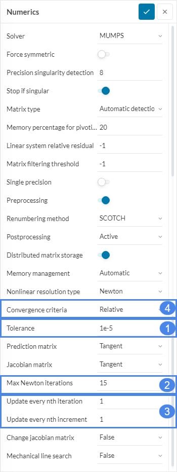 tolerance, newton iterations and iteration update settings under numerics in simscale to resolve newton convergence error 
