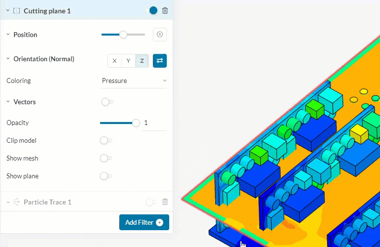animated gif showing the workflow for changing the result field applied on a filter in simscale's new online post-processor