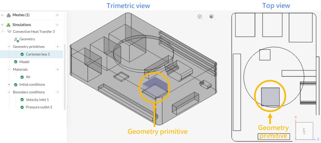 the picture shows ho to use simscales cartesian box type of geometry primitive to define the heat sink in an electronics cooling project