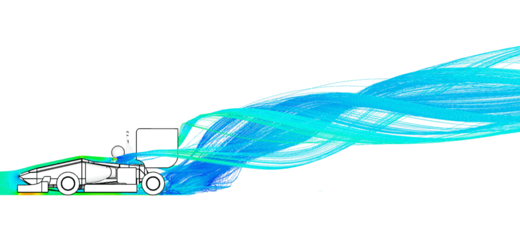 post processing streamlines particle trace with velocity magnitude distribution around the formula student car