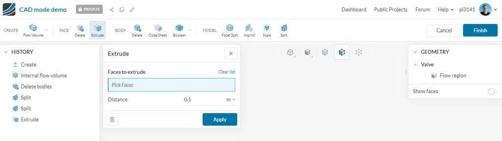 simscale dashboard view of cad editing mode operations