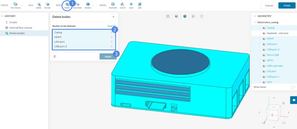 How to delete parts in the cad model, using the simscales cad mode tool