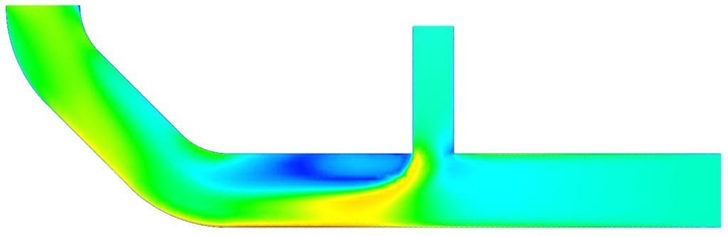 Velocity field on a cross section view of a pipe junction CFD analysis showing node interpolated data
