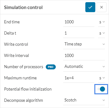 simulation control panel potential flow initialization