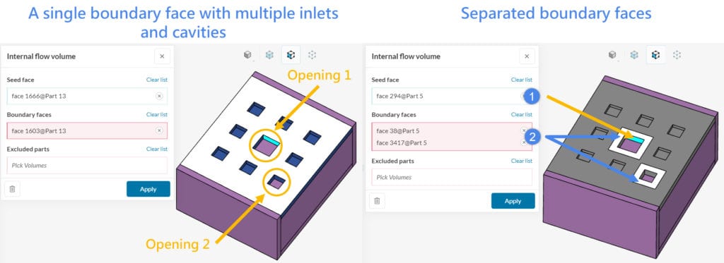 internal flow volume extraction feature is being used on a box model with two openings and several cavities