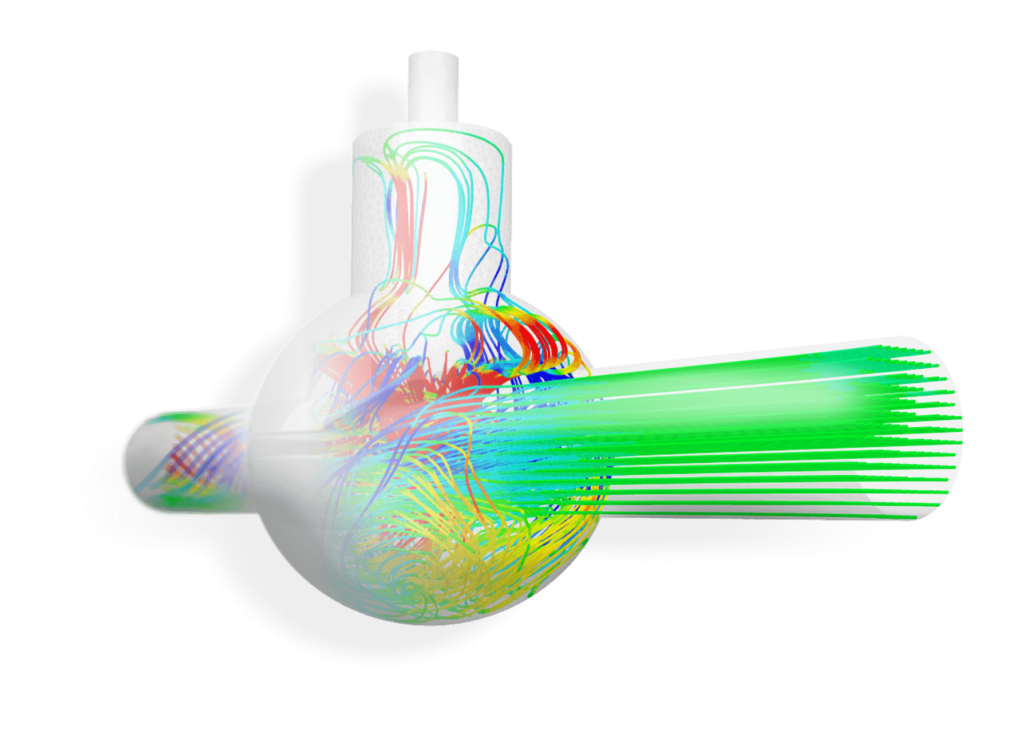 Flow streamlines through a globe valve as simulated in SimScale