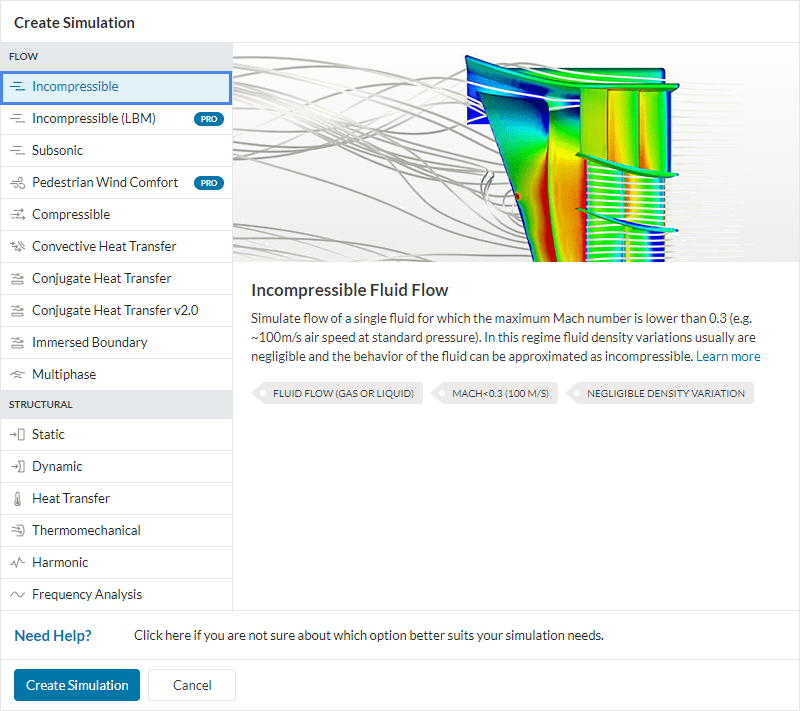 simulation list in simscale with incompressible selected and the create simulation button 