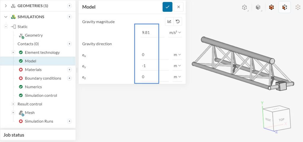 the gravity magnitude settings in simscale platform 
