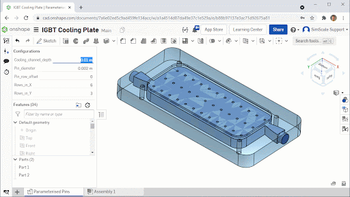 onshape cad parametrization of an igbt cold plate