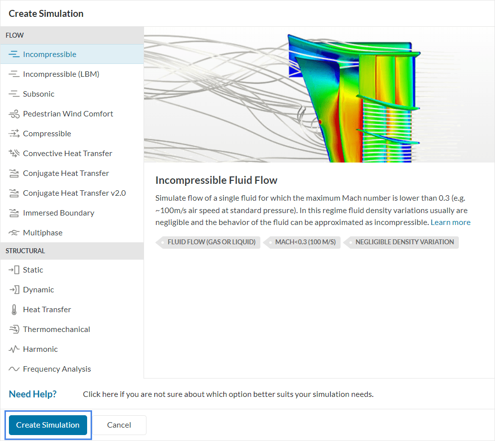 simulation analysis types possible within simscale