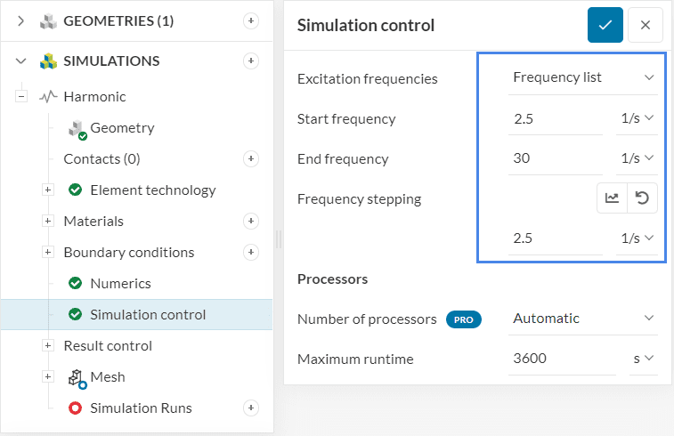 simulation control settings frequency list harmonic