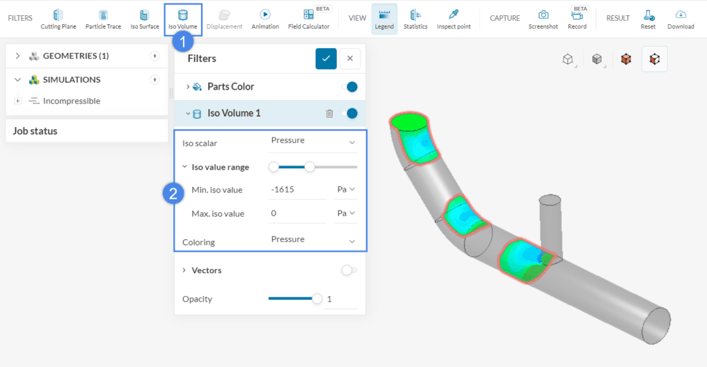 isovolumes settings and example of an isovolume filtering pressure below 0 pa as one of the filters to post-process fluid flow simulation