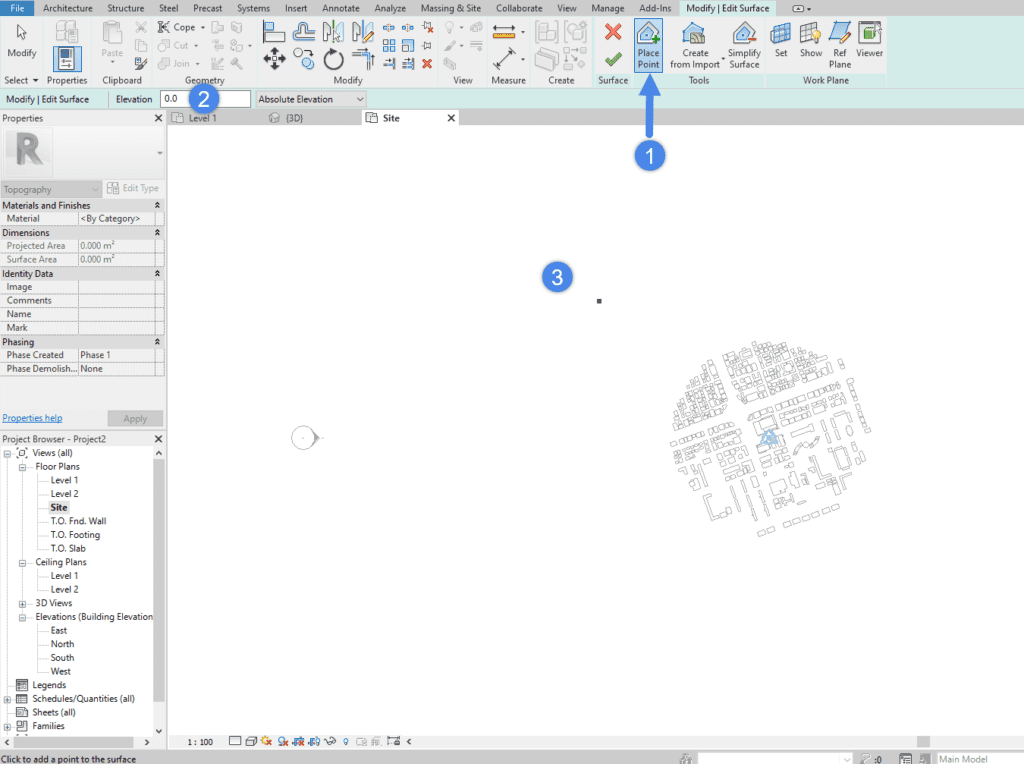 defining points for the creation of a terrain on revit