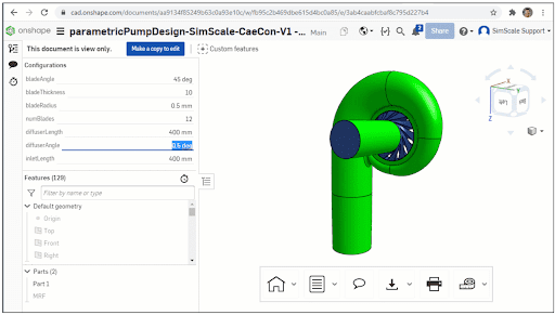 cad model of pump shown in onshape with seven geometric parameters