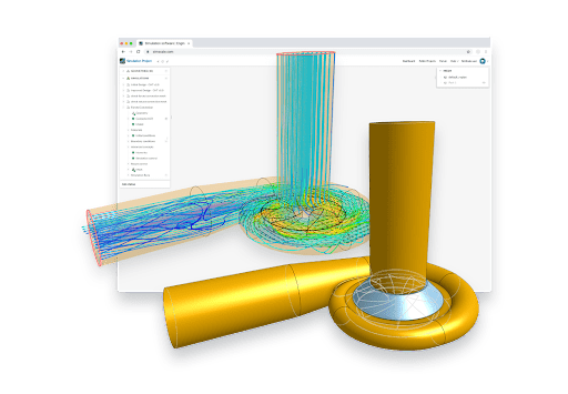 CAD model of a centrifugal pump and the pump’s  CFD simulation results showing flow streamlines within the SimScale Workbench platform running in a web browser