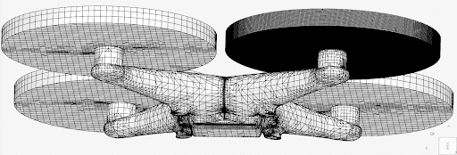 detailed view of the new SimScale global mesher applied to quadcopter UAV/drone geometry. 