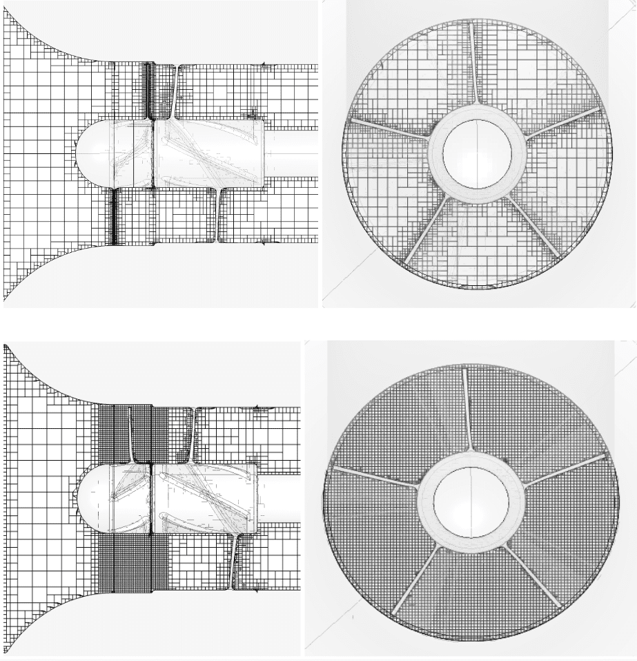 four detailed views of the automated global mesh refinement of an axial centrifugal compressor geometry. 
