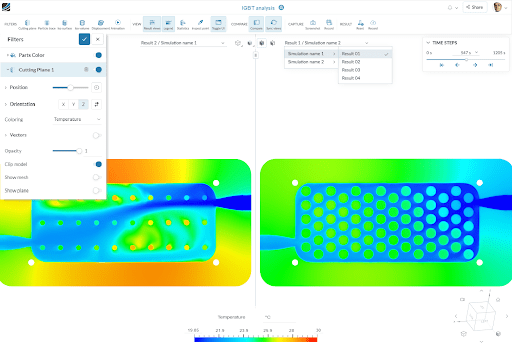 side-by-side results visualization in the simscale platform showing an example of fluid temperature results within a heat exchanger. 
