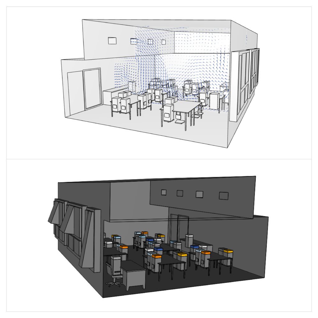 3D model of a room set up for flow simulation of indoor thermal comfort, low energy ventilation and air quality to evaluate HVAC performance. 