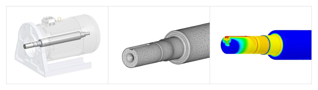 Structural FEA in the cloud using static analysis to calculate loads on the electric motor support bracket shaft