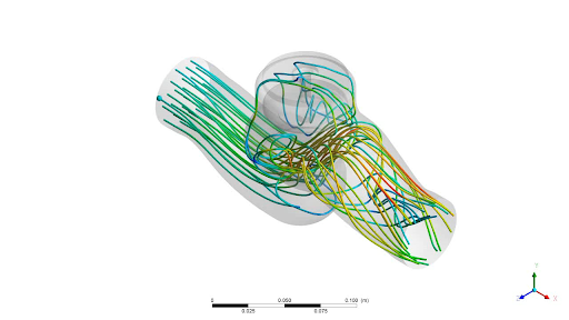 Fluid flow streamlines through a globe valve for an incompressible flow. A parametric flow study is automated using SimScale
