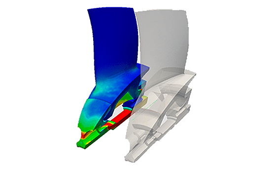 Structural simulation results showing stress contours in the root of a turbine blade.
