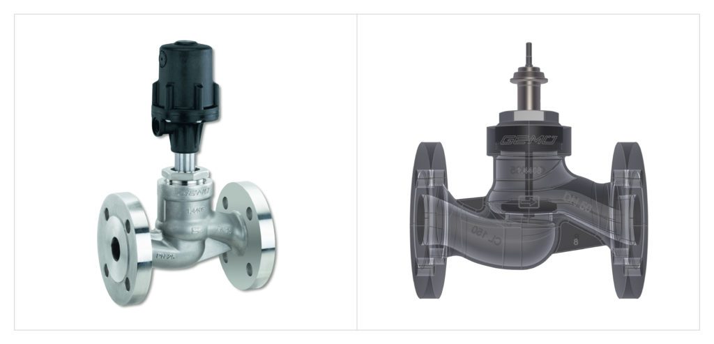 An industrial globe valve for regulating fluid flow. The CAD assembly is imported into CFD software for analysis 