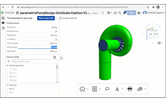 Example of Simscale CAD associativity with OnShape - Showing one of several centrifugal compressor design iterations. 