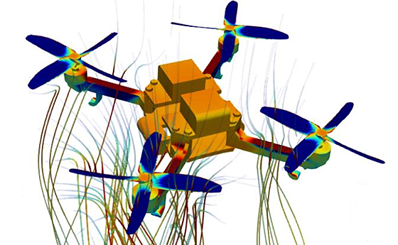 Multiphysics simulation of a drone UAV, showing CFD airflow streamlines around propellers and the resultant structural stress on the body and arms of the drone.

