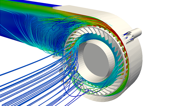 CFD simulation results showing flow streamlines of a fan/blower